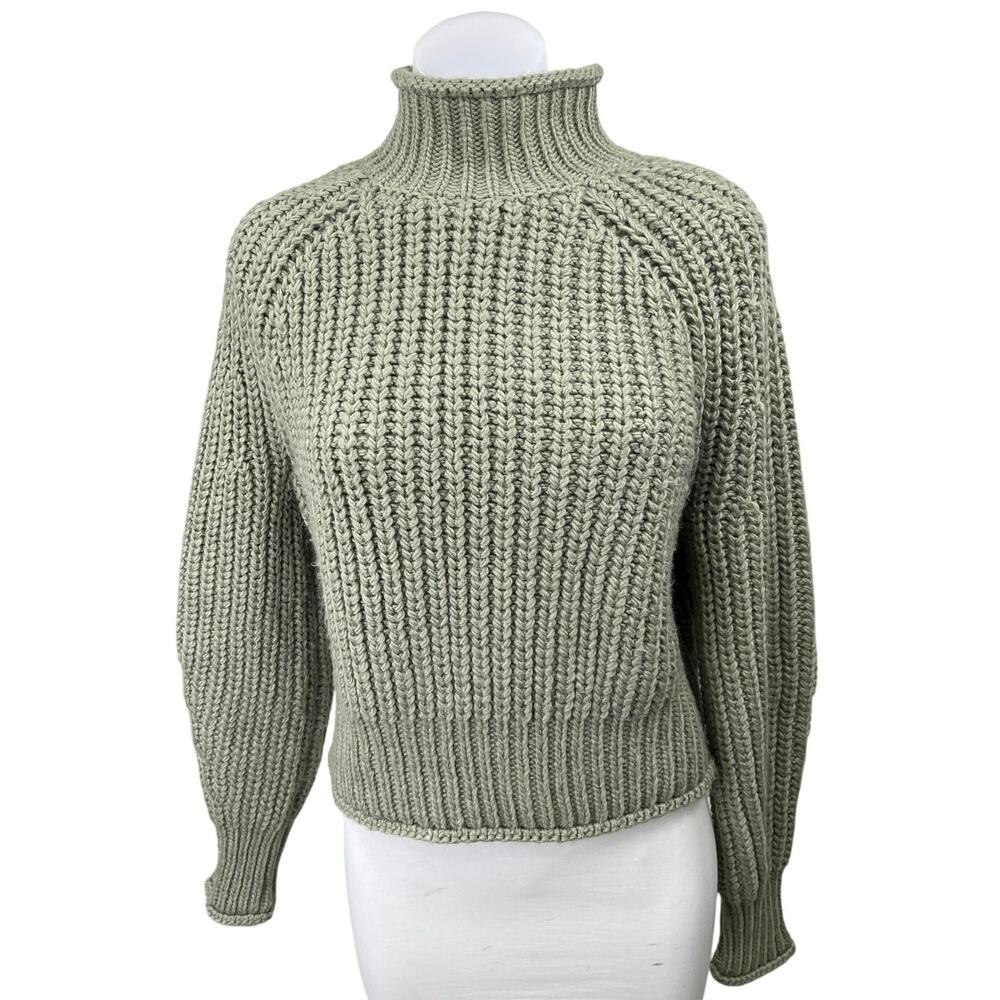 H&M Green Wool Chunky Knit Turtleneck Long Sleeve Pullover Sweater Top Size XS